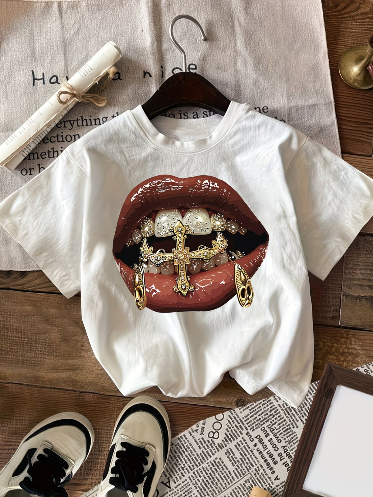 Short-sleeve Hip-hop Style Golden-toothed Woman's Single-piece Trendy Casual T-s gallery
