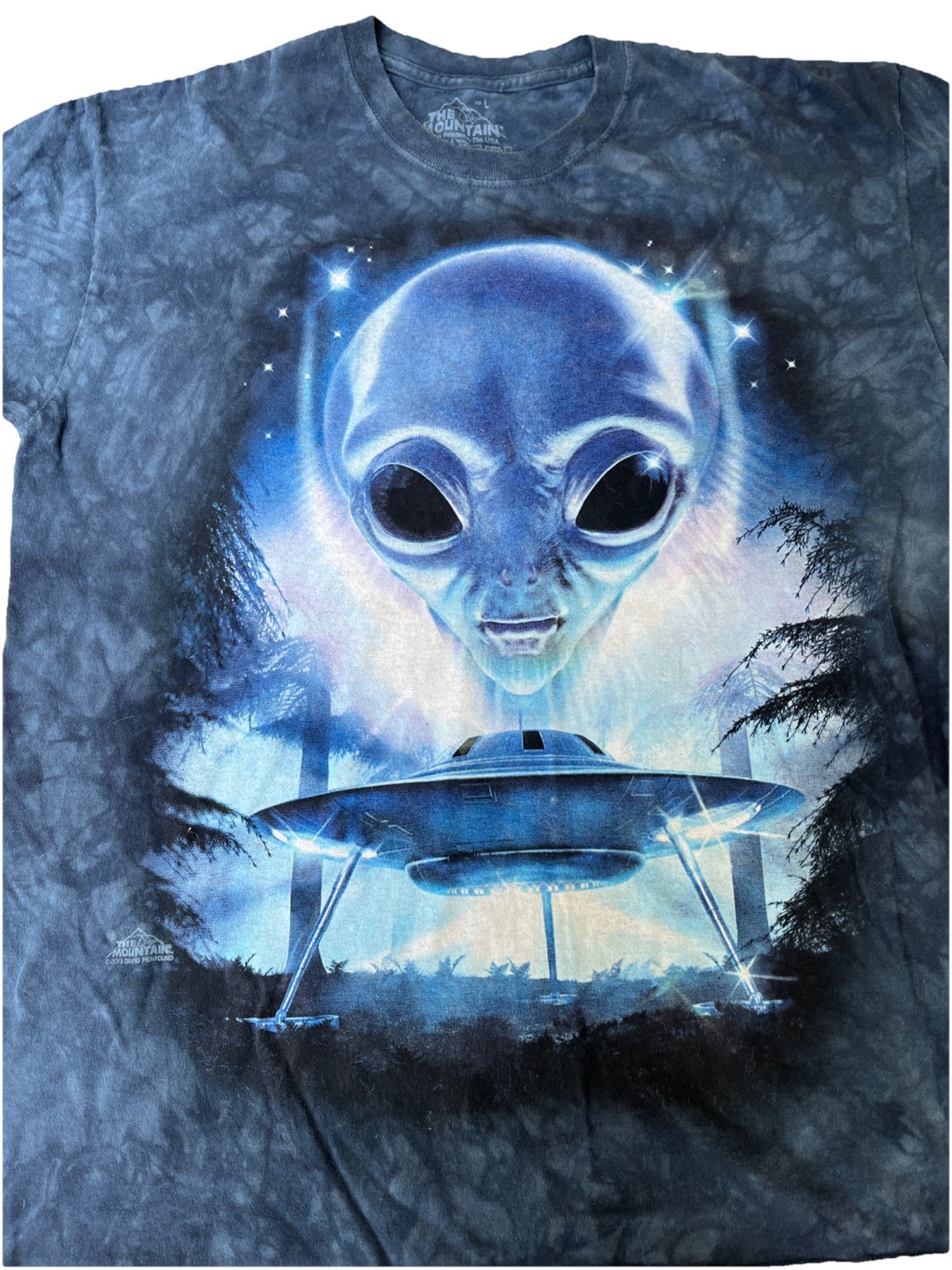 THE MOUNTAIN Alien UFO Graphic Tee Mens L 2013 Blue Acid Wash Shirt gallery