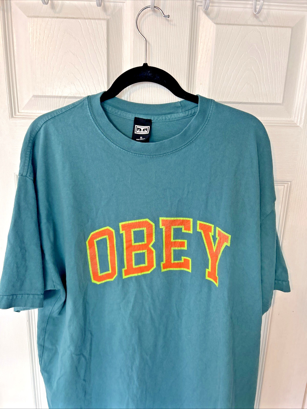 Vintage OBEY Men's XL Teal Green W/ Orange/ Lime Green Graphic Logo T-Shirt gallery