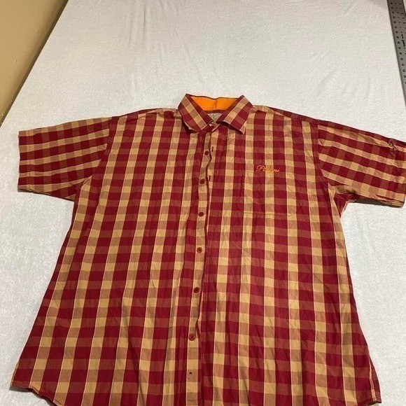 Platini XL Men Burgundy and yellow checkered button up shirt. SKU202