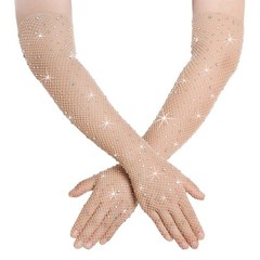 Rhinestone Fishnet Gloves Glitter Sparkle Long Mesh Arm Sleeves for Party