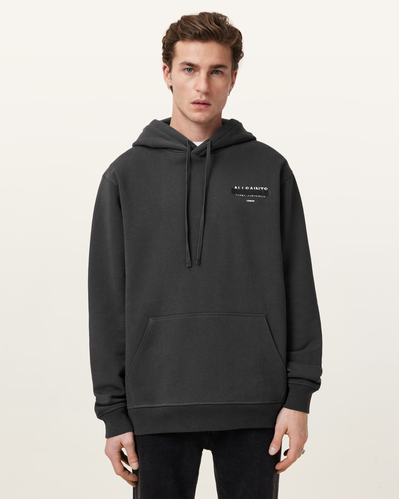 All Saints Mens Redact Washed Black Hoodie Relaxed Fit Embroidered Sweatshirt gallery