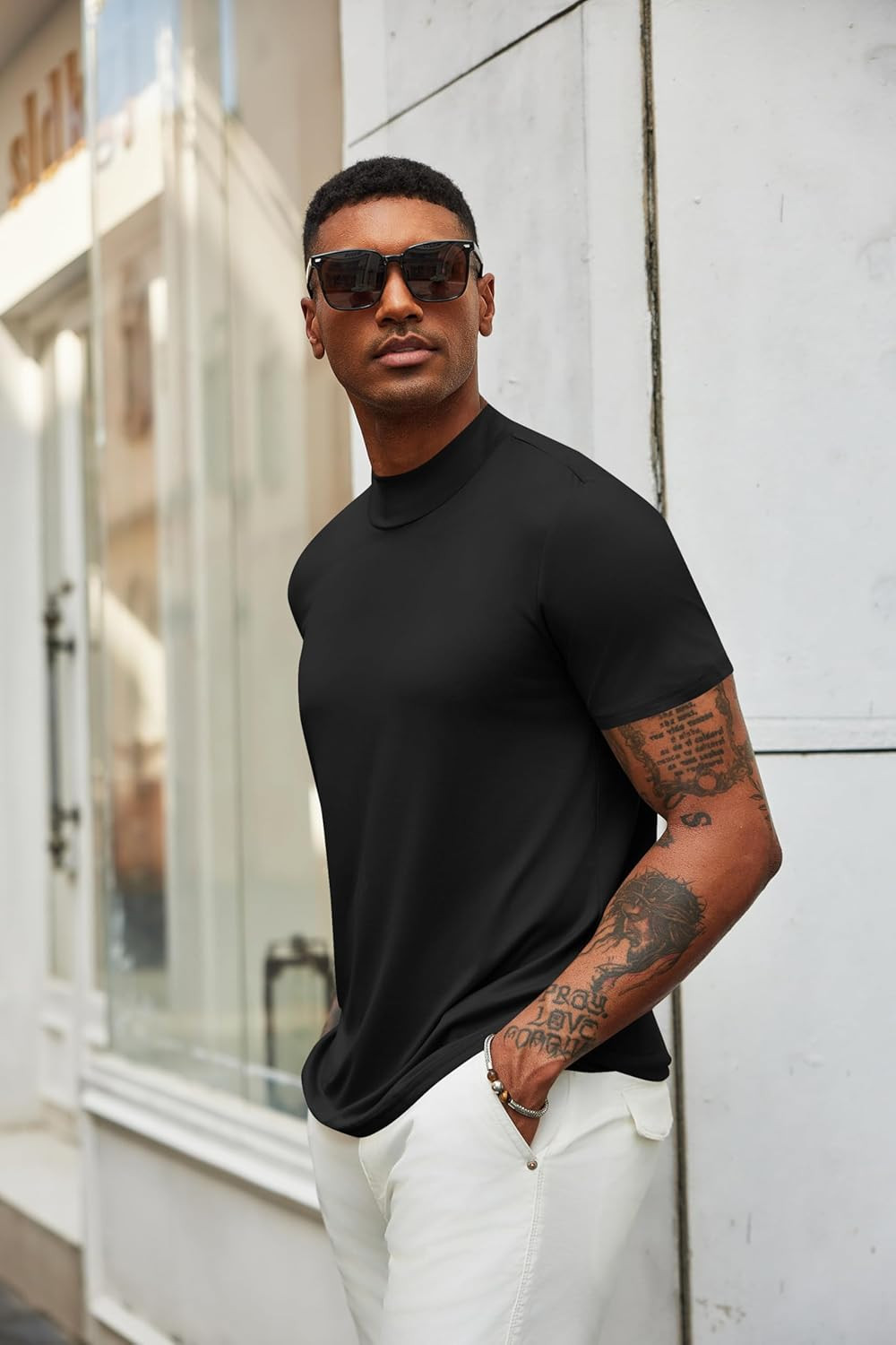 Men'S Mock Neck T Shirt Short Sleeve Slim Fit Basic Casual T-Shirts Solid Color gallery