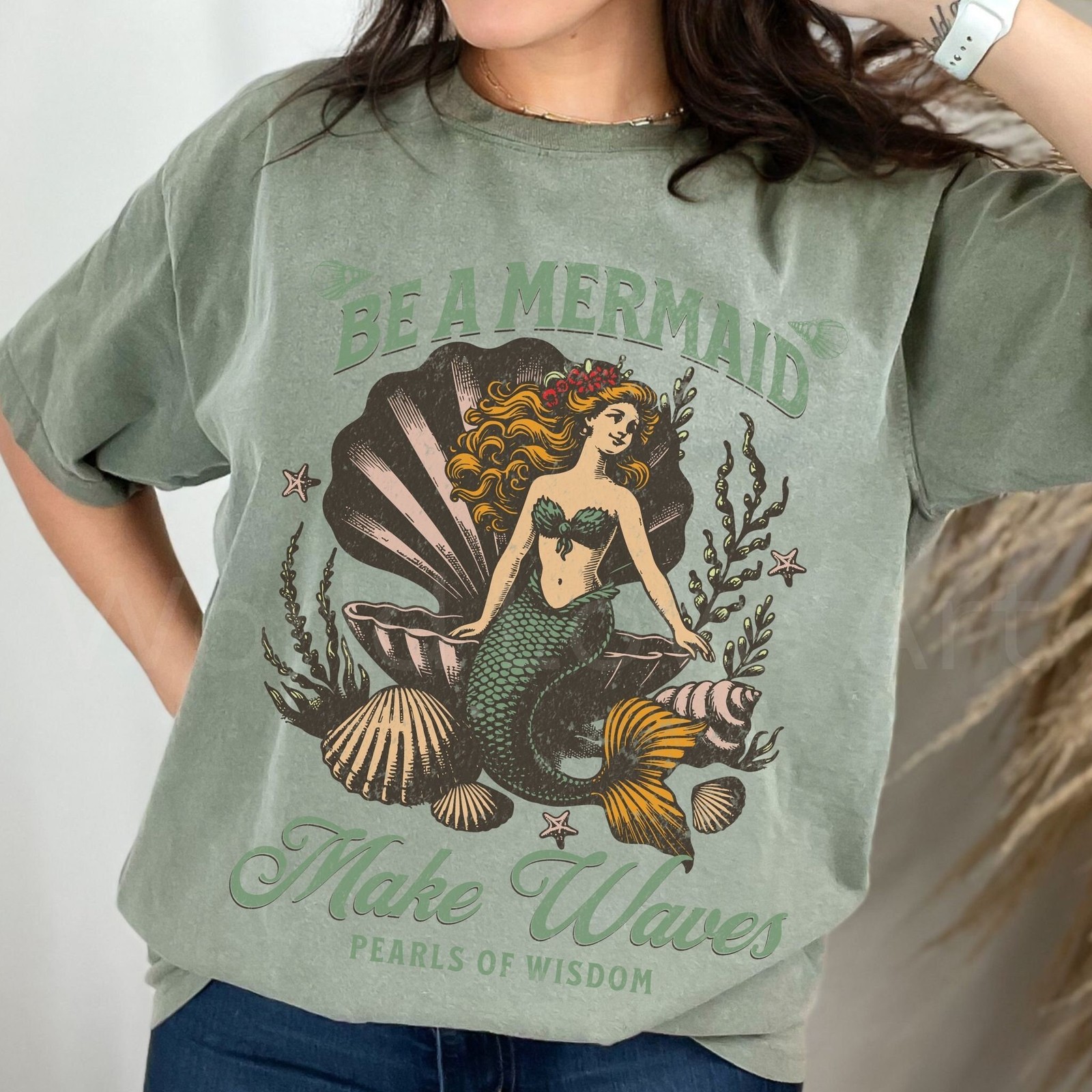 Vintage Mermaid Shirt Beach T-Shirt Summer Tee Vacation Gifts Vacay Pearls gallery