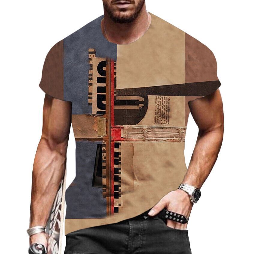 T-Shirt Men Short Sleeve Color Block Brown Yellow Tan Abstract Print Vintage Tee