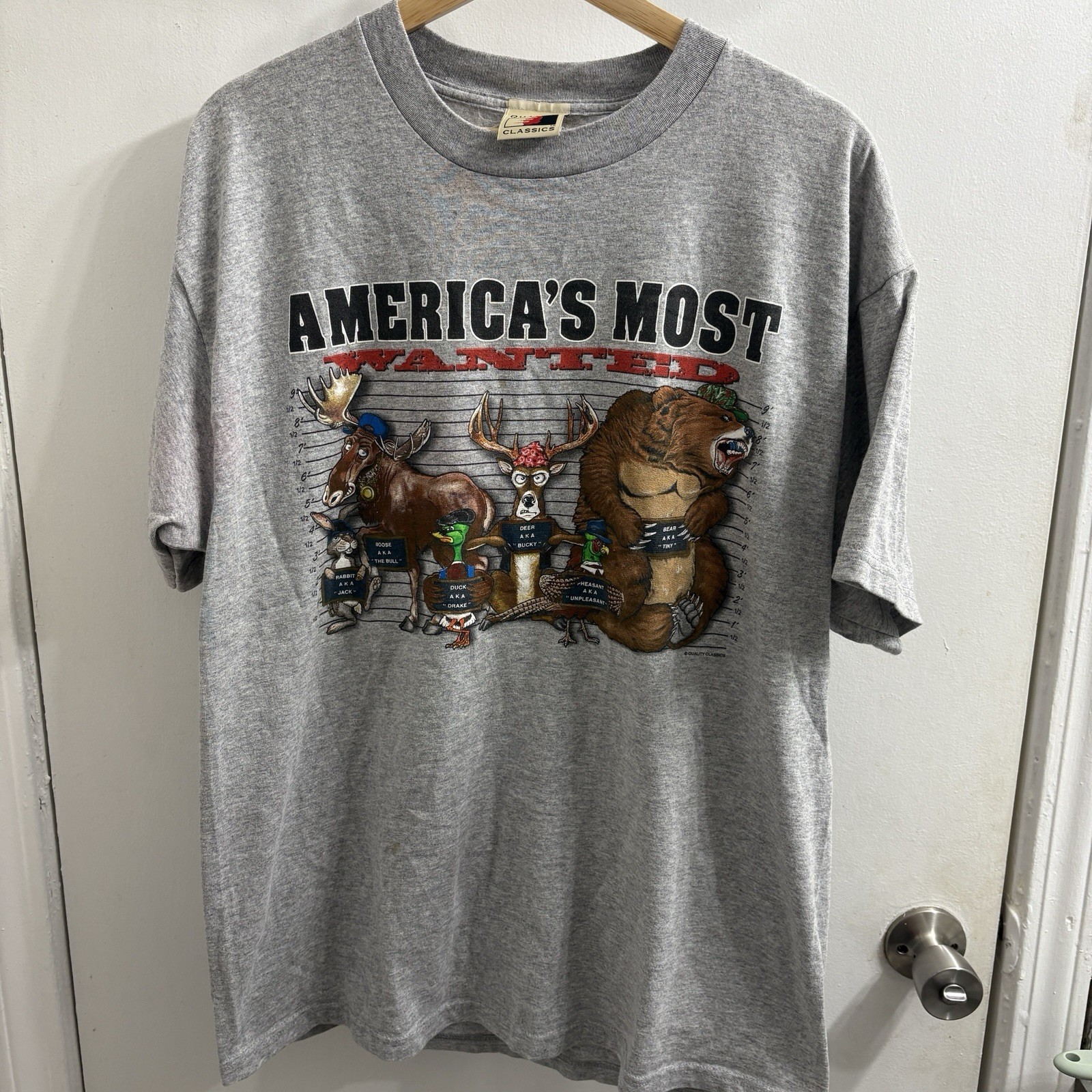 Funny Most Wanted Animal Tshirt Mens Large Quality Classics Tag Gray Graphic