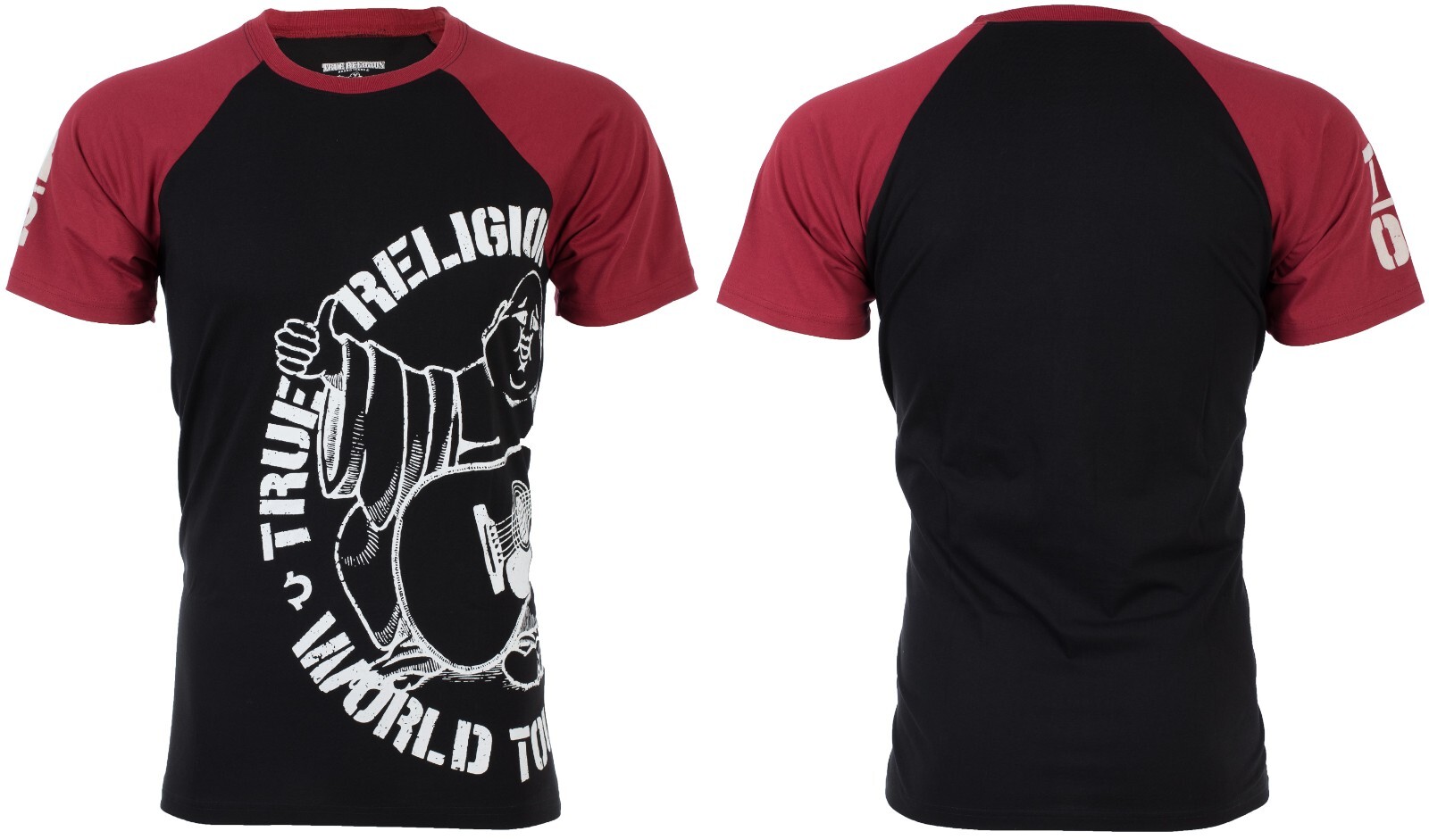 $79 TRUE RELIGION Black Red PART BUDDHA Short Sleeve Designer Raglan T-shirt NWT gallery