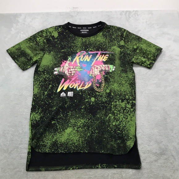 “RISE AS 1NE” Men’s Short Sleeve Green Splatter RUN THE WORLD Size XL