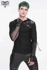 Devil Fashion Men Black Gothic Punk Mesh Splicing Casual Hooded T-Shirt Slim Top