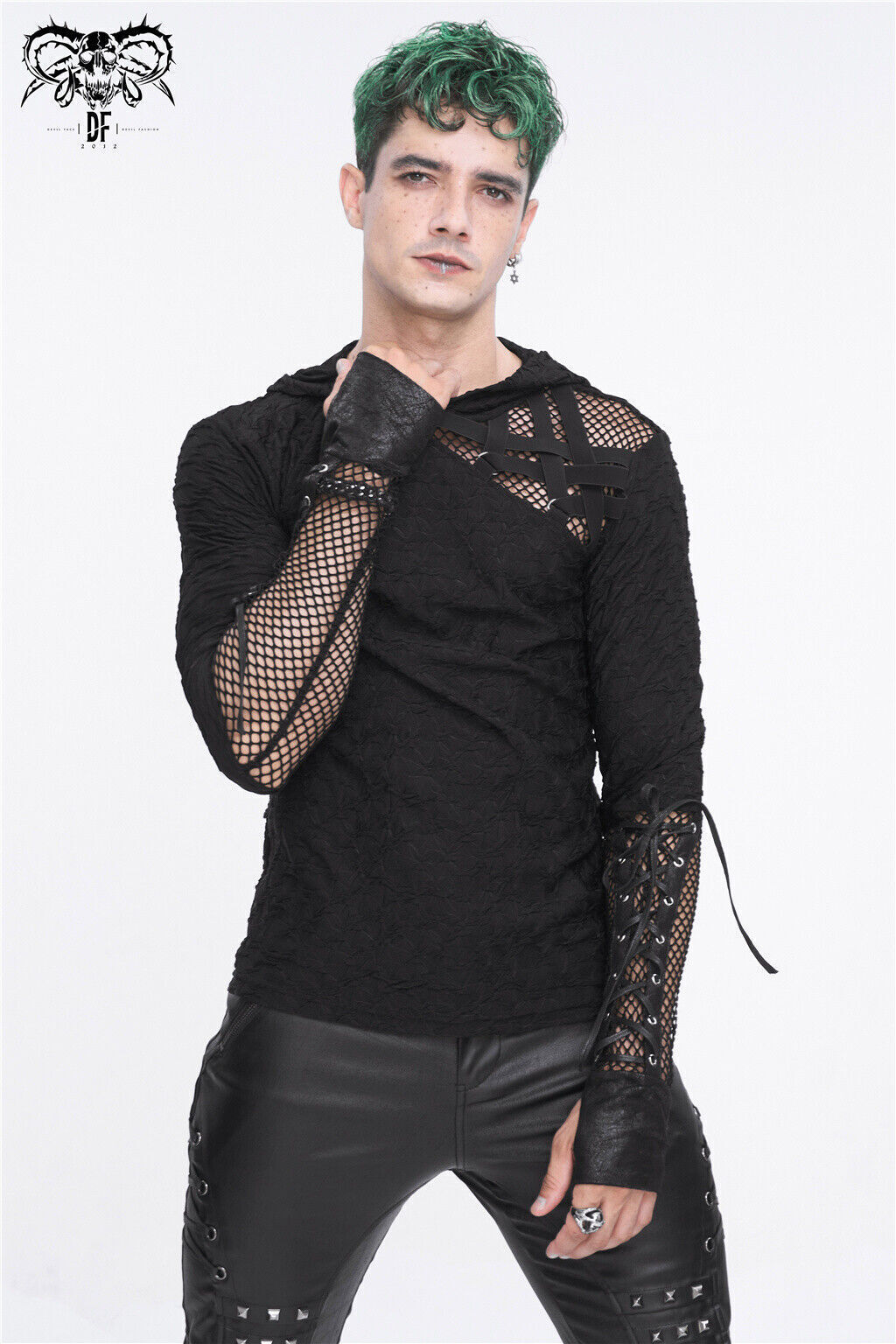 Devil Fashion Men Black Gothic Punk Mesh Splicing Casual Hooded T-Shirt Slim Top gallery