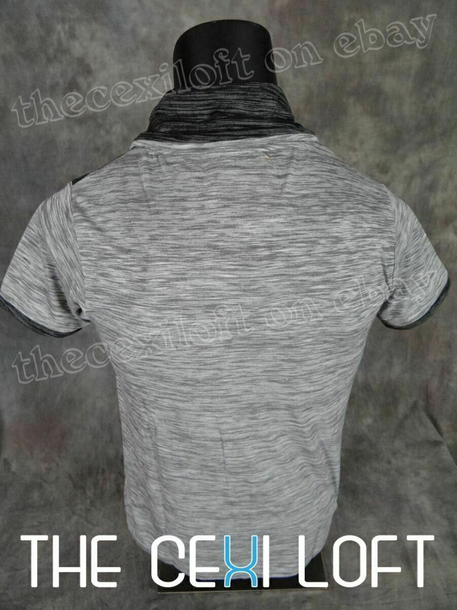 Mens Big Collar T-Shirt Grey Faux Leather Crest SLIM FIT Designer Short Sleeve gallery