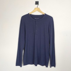 7 DIAMONDS CORE Mens Long Sleeve Henley Shirt Navy Blue Large Recycled Polyester