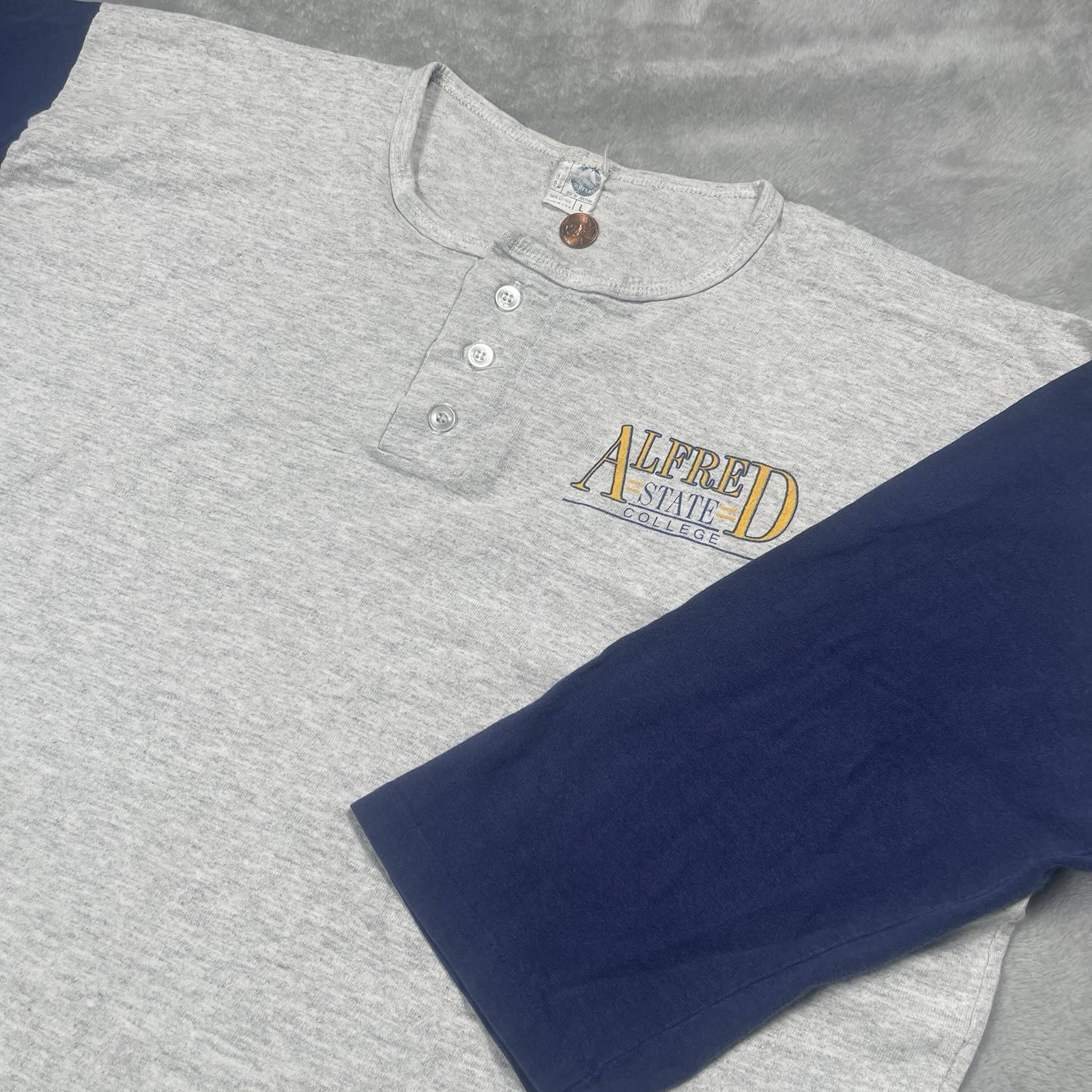 VTG 80's Alfred State College Henley Tee Mens L Raglan Artex Single Stitch NY gallery