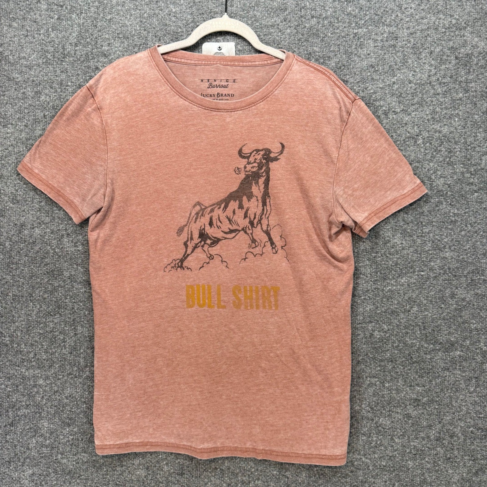 Lucky Brand Tshirt Mens Medium Orange Bull Graphic Venice Burnout Tee Casual gallery