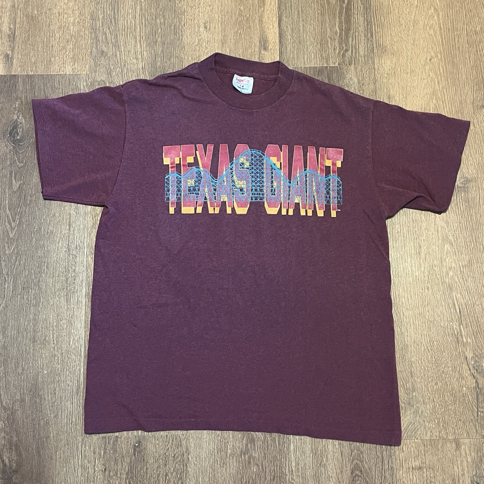 Vintage Hef-T Teejays Large Texas Giant Rollercoaster T-Shirt Burgundy Graphic