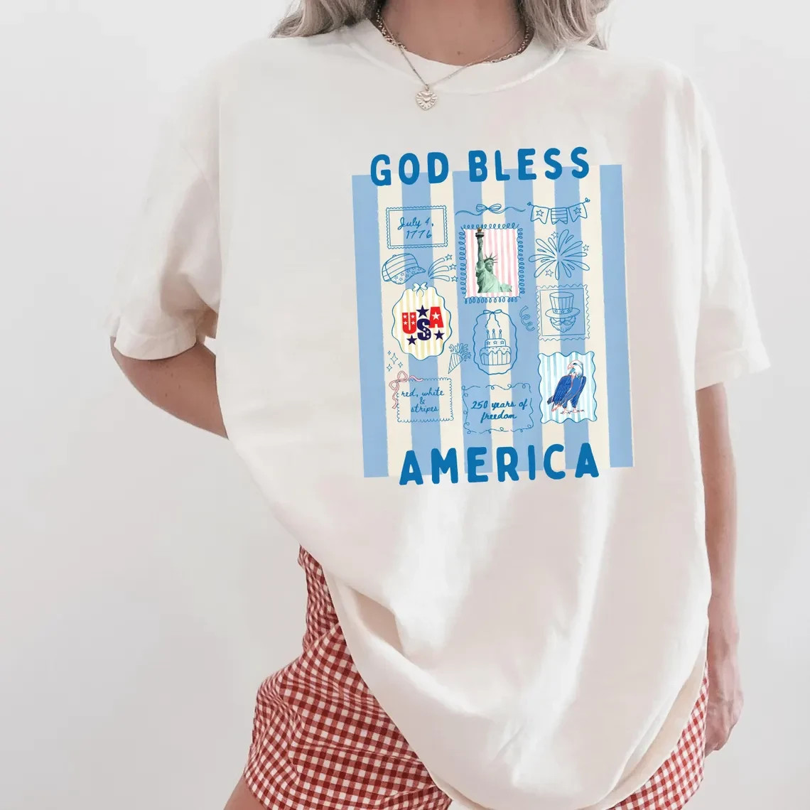 America 250th Anniversary Shirt Patriotic Light Blue Stripes Graphic Tee Women gallery