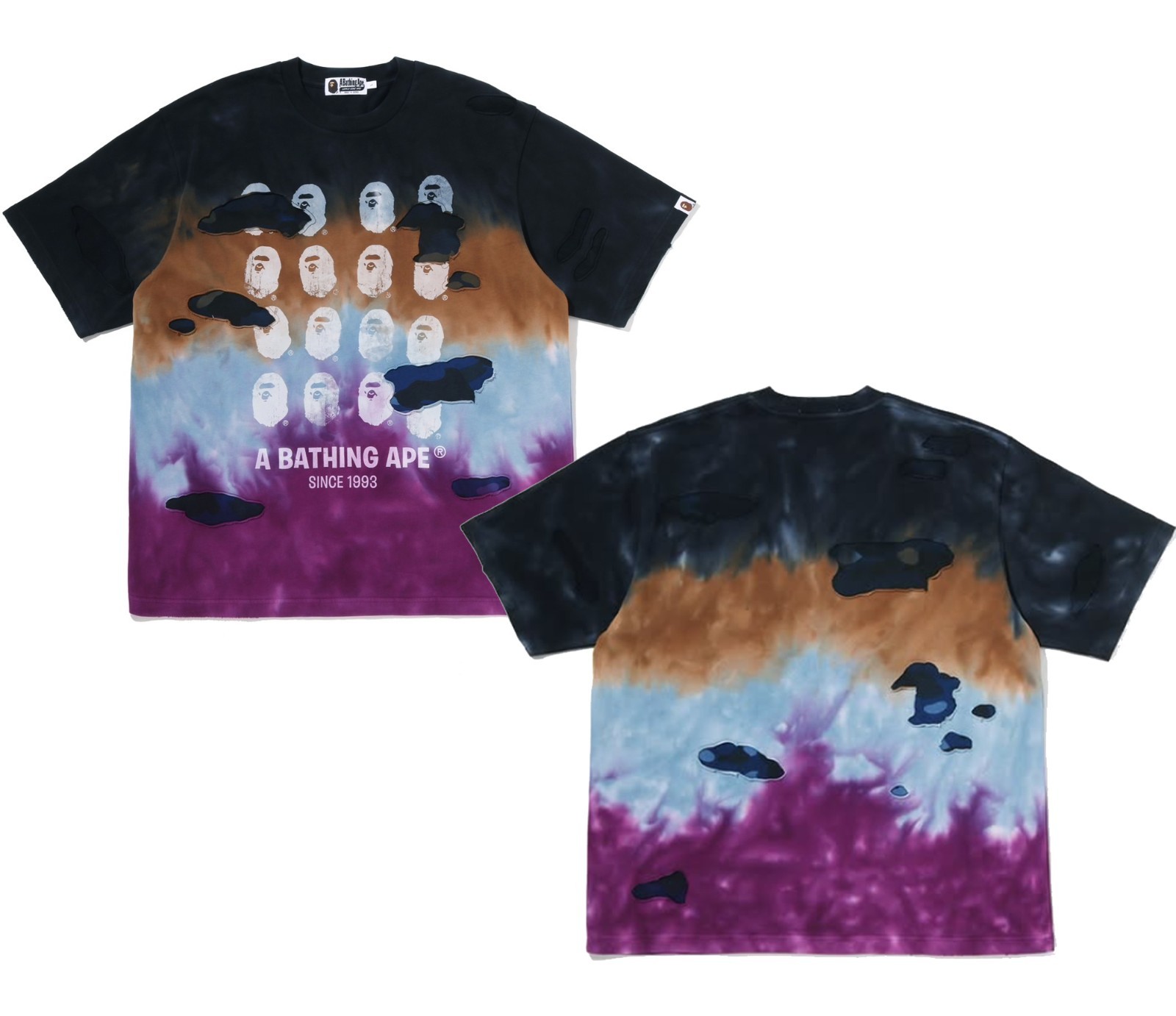 A BATHNIG APE Men's COLOR CAMO TIE DYE DESTROYED MULTI LOGO RELAXED FIT TEE gallery