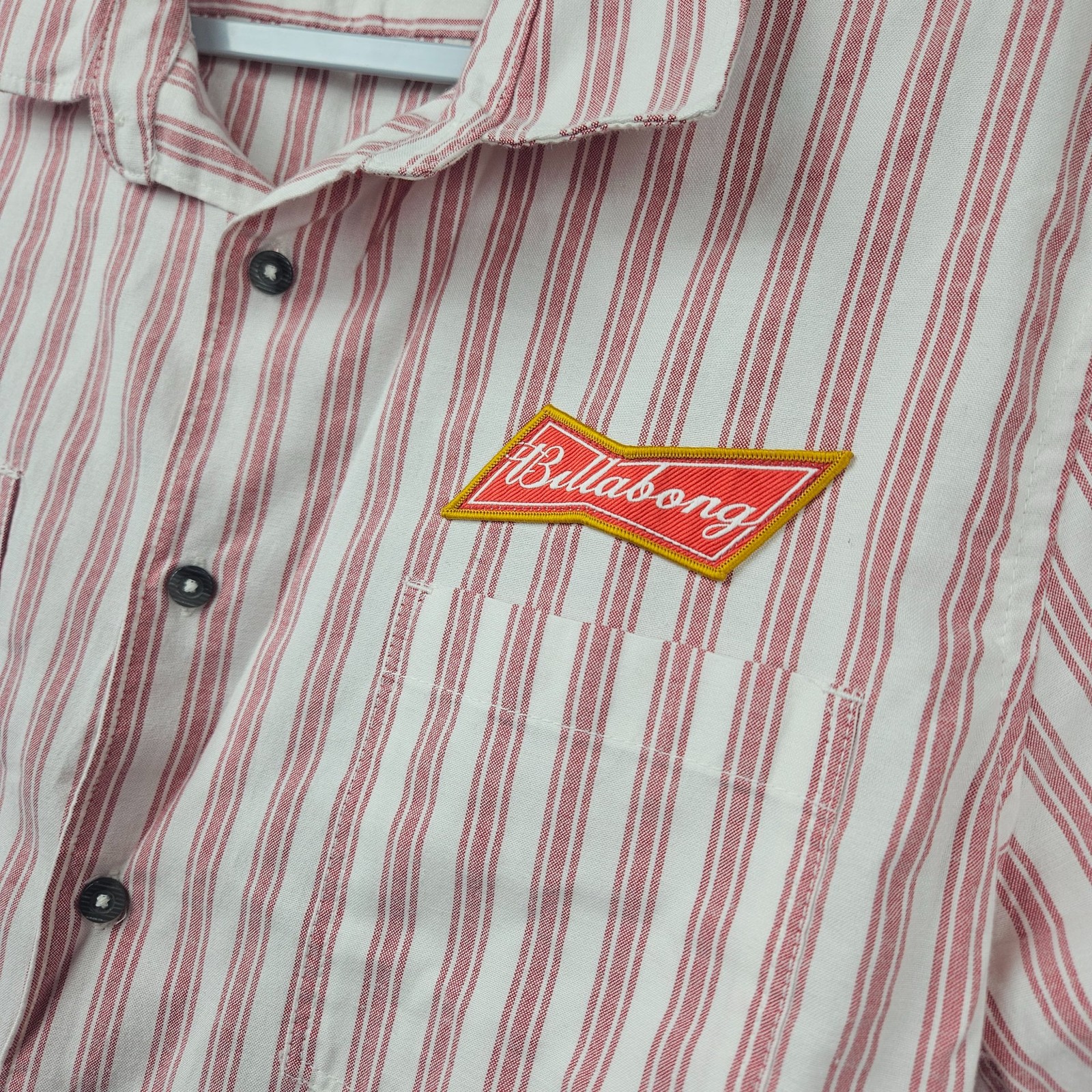 Billabong Budweiser Shirt Mens L Red White Stripe Casual Short Sleeve Beer USA gallery
