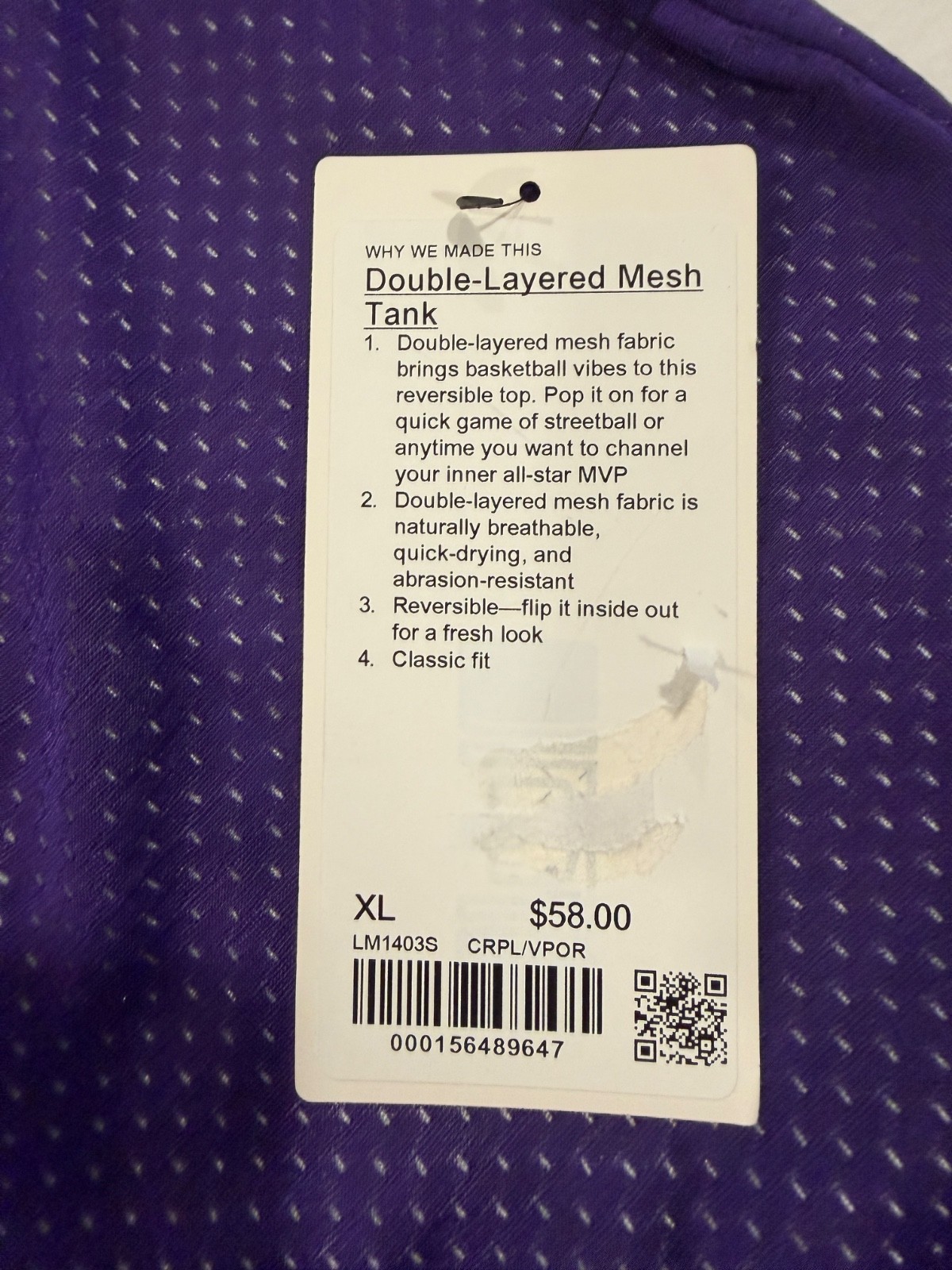 Lululemon Double Layered Mesh Reversible Tank Purple/White Men's XL gallery