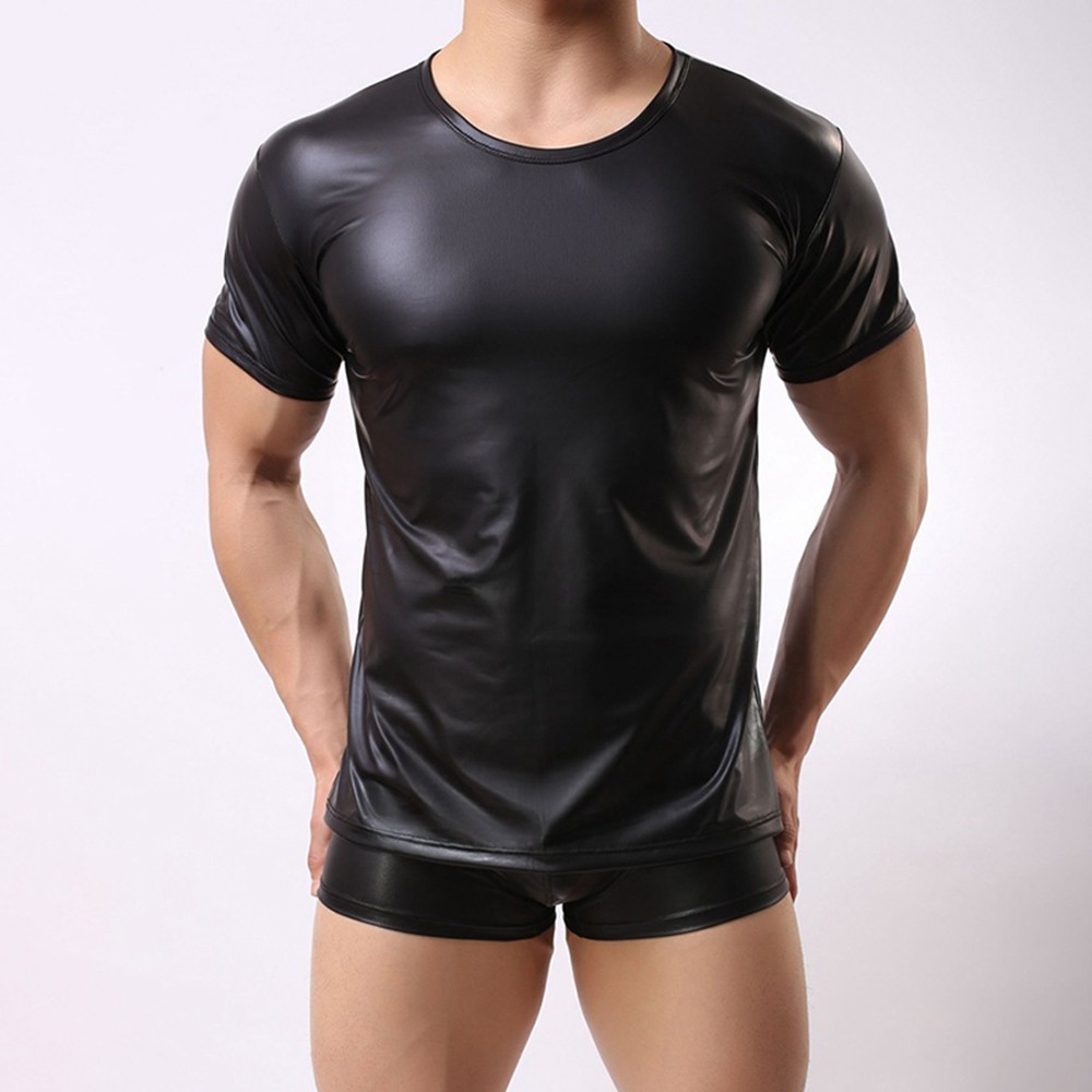 Men T-Shirts Tights Breathable Clubwear Comfortable Faux Leather Party gallery