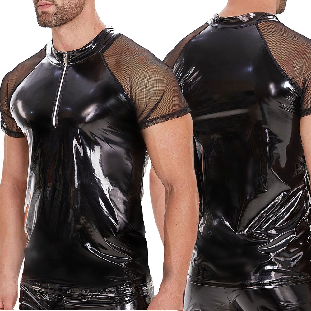 Mens Shiny PVC Leather T-Shirt Latex Wetlook Male Glossy Zipper Slim Shirts Tops gallery