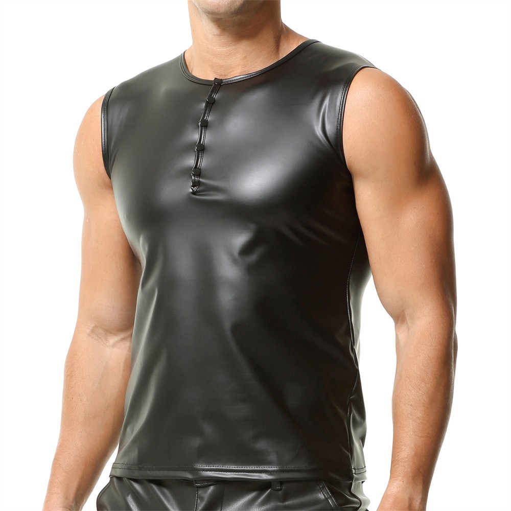 Mens Casual Sleeveless Vest Black Pvc Leather Slim Fit Tank Tops Fitness T-shirt gallery