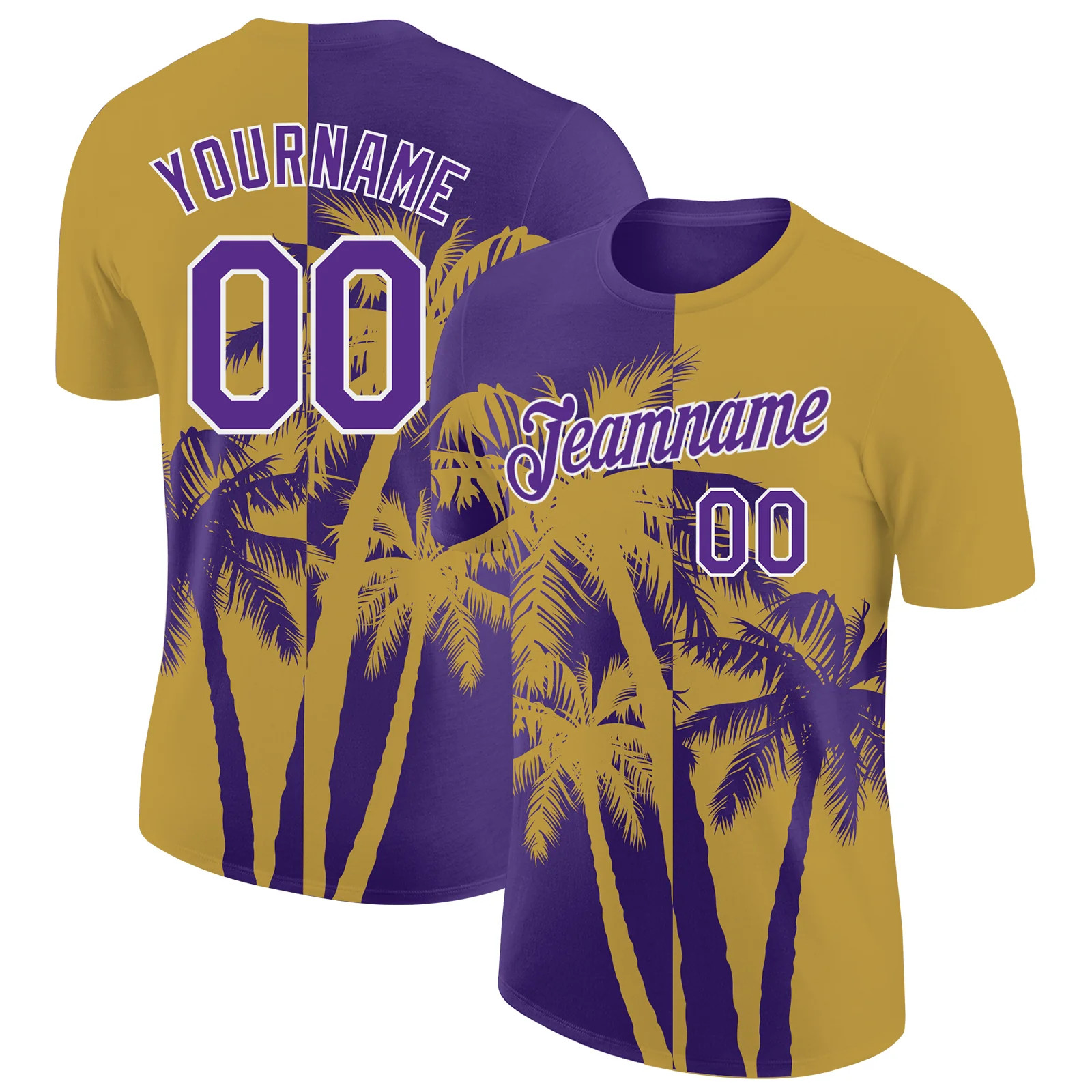 Custom Old Gold Purple White Hawaii Palm Tree T-Shirt Tropical Summer Mens