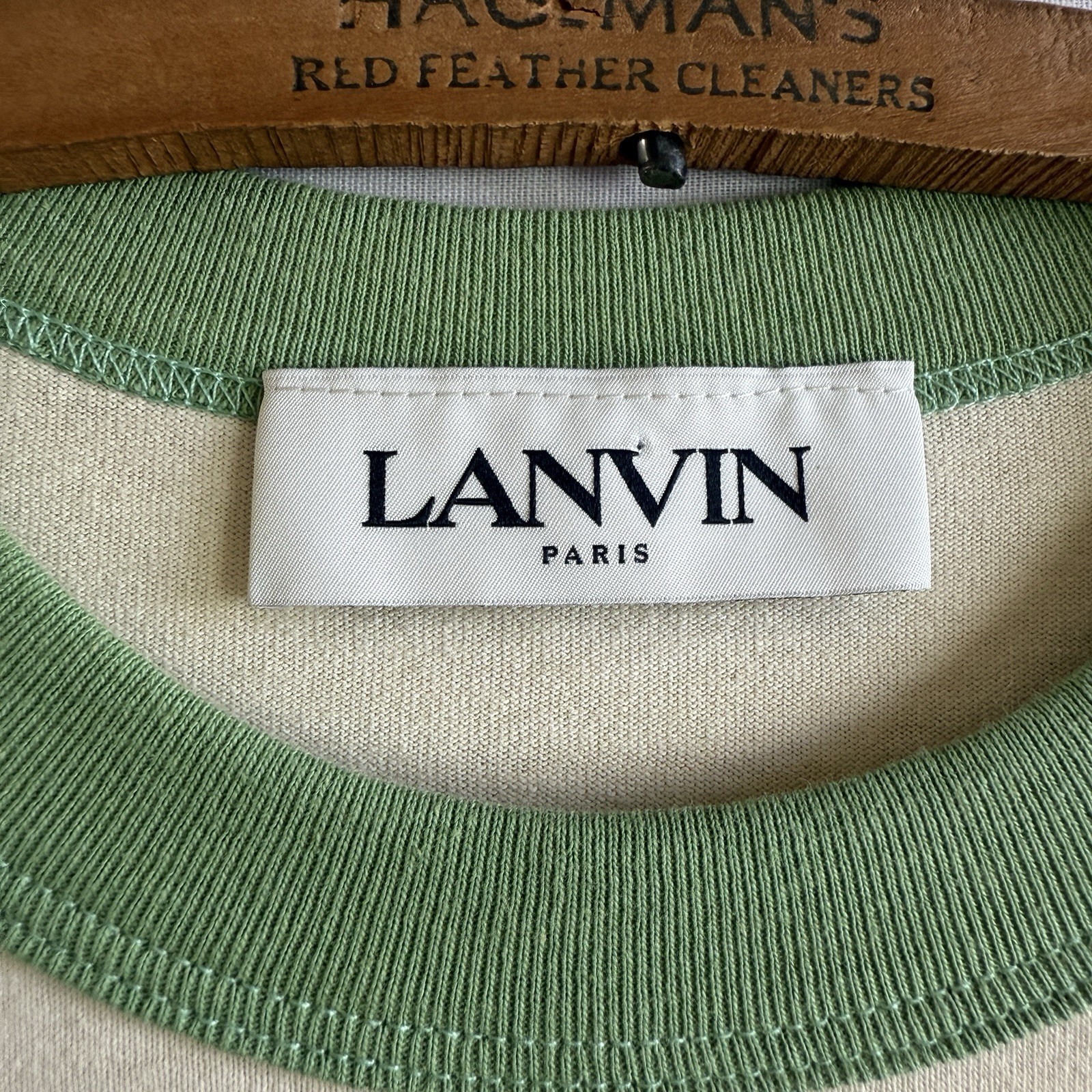 LANVIN Paris T-Shirt Beige Art Graphic Beige Green Ringer Italy Made (16x24.5”) gallery
