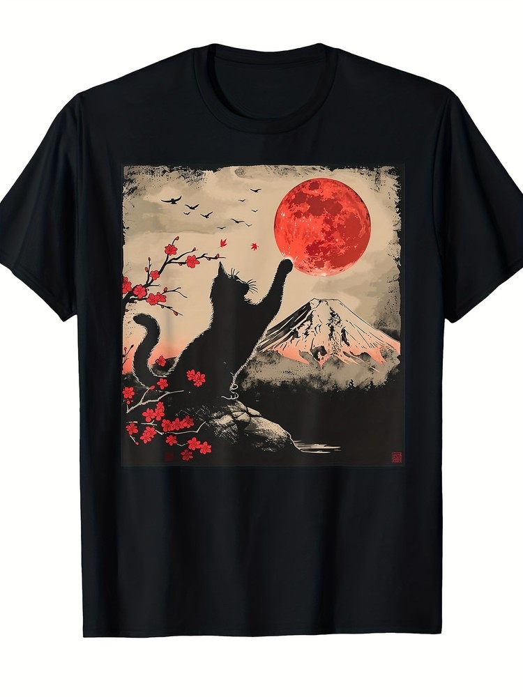 Vintage Ukiyo-e Black Cat Mount Fuji Red Sun Graphic T-Shirt Retro Tee Style