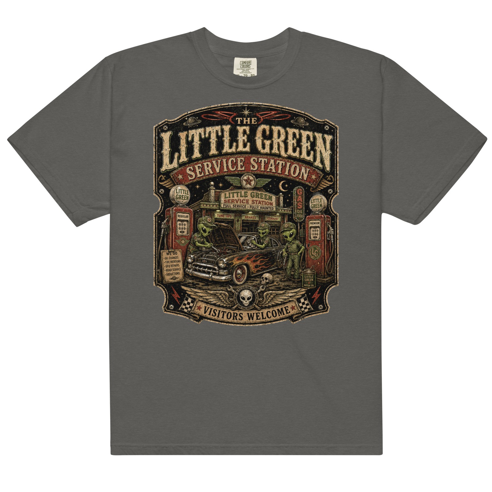 Little Green Alien Comfort T-Shirt Retro Extraterrestrial Gas Station Tee S-4XL