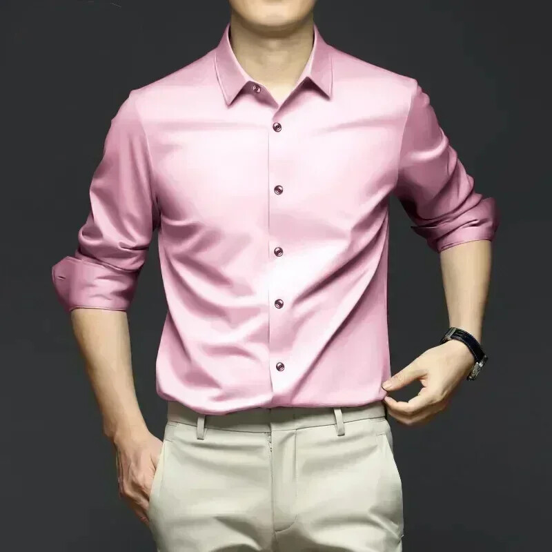Men's Long Sleeve Shirt Pure Color Shirt Business Casual Ice Silk Glossy Shirt gallery