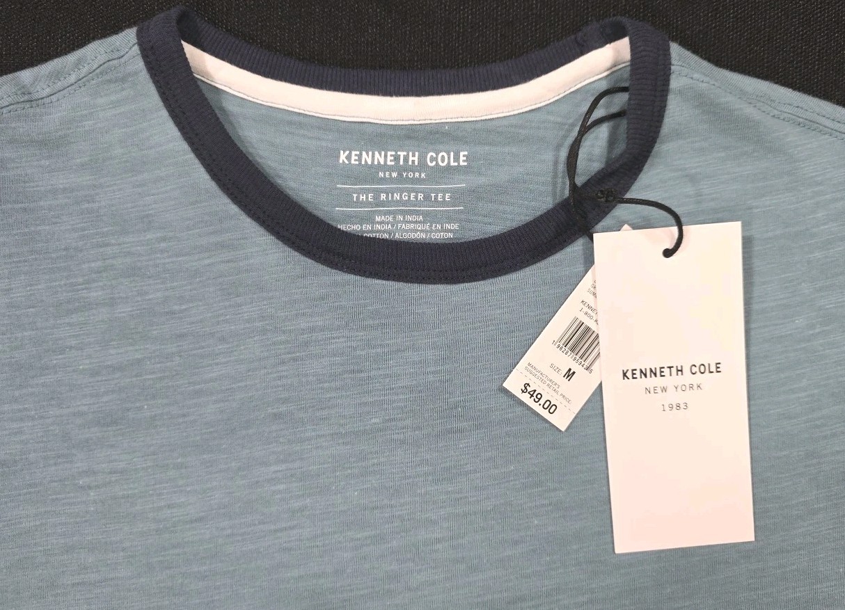 Kenneth Cole The Ringer Tee Men's S/S T-Shirt Teal With Navy Trim - Medium NWT gallery