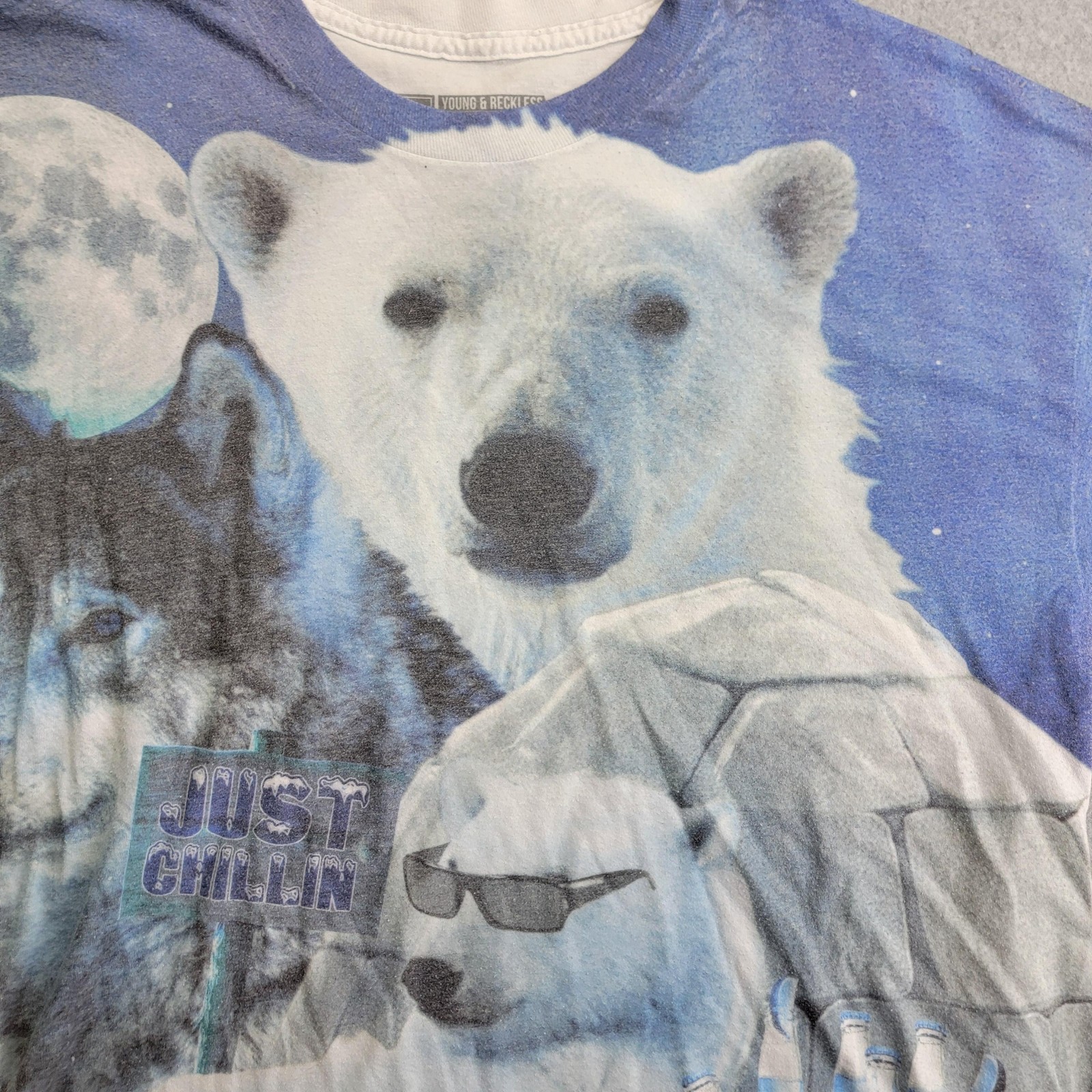 Young & Reckless Shirt Mens XL Blue Just Chillin Polar Bear Wolf Graphic Funny gallery