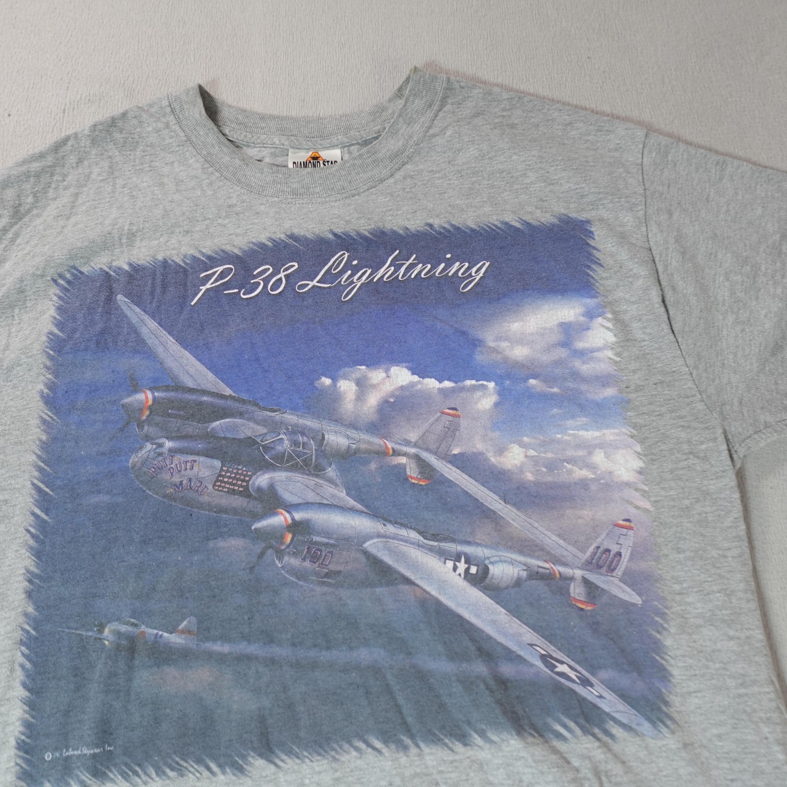 Vintage P-38 Lightning Shirt Mens Large Gray WWII Airplane Tee Diamond Star T gallery