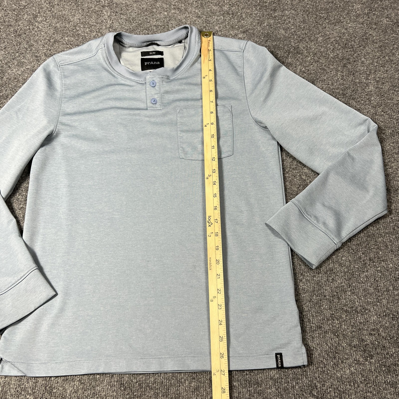 prAna Henley Shirt Mens Medium Light Blue Gray Slim Fit Long Sleeve Pocket Knit gallery