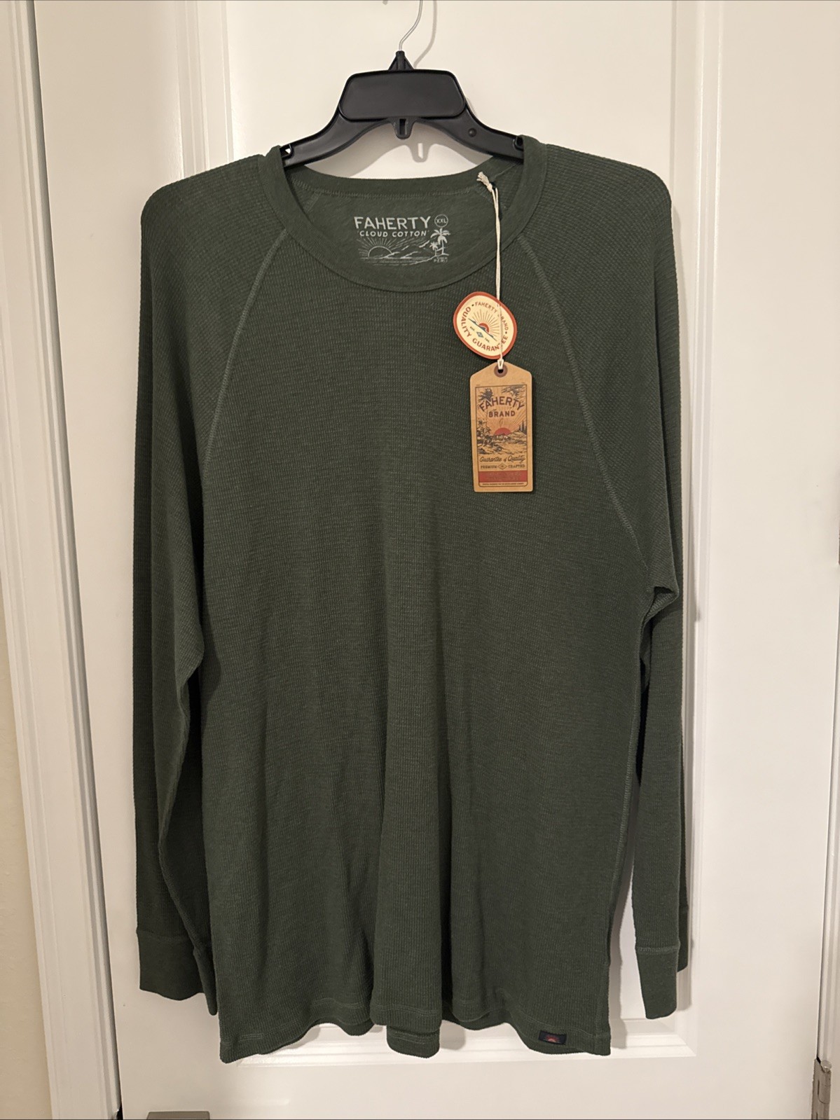 Faherty Men’s Long Sleeve Cloud Waffle Crew, Deep Fern Heather, XXL