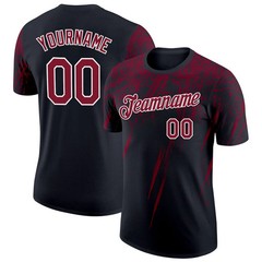 Custom Black Crimson Distressed Brush Sports Tee Personalized Team Jersey