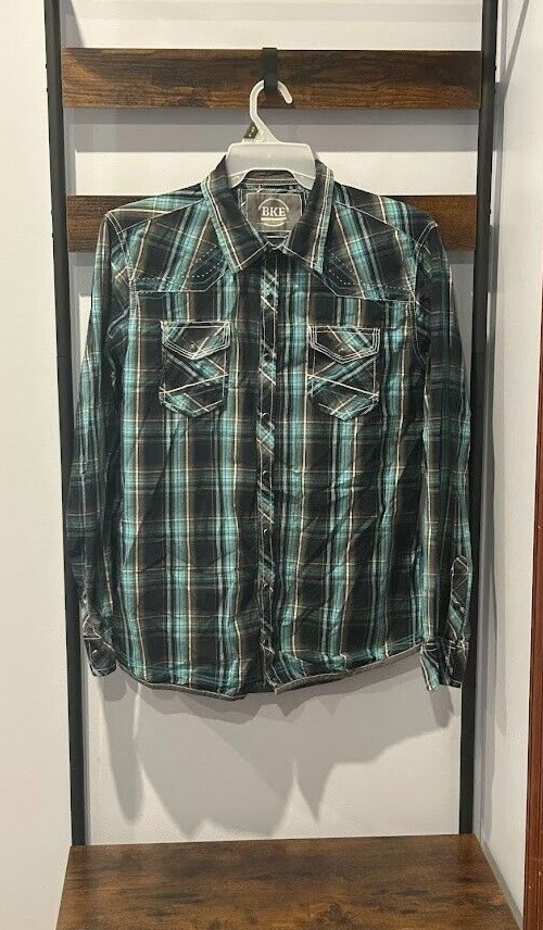 Western Plaid Snap Button Up long sleeve Shirt BKE Buckle Mens Standard Fit Sz L gallery