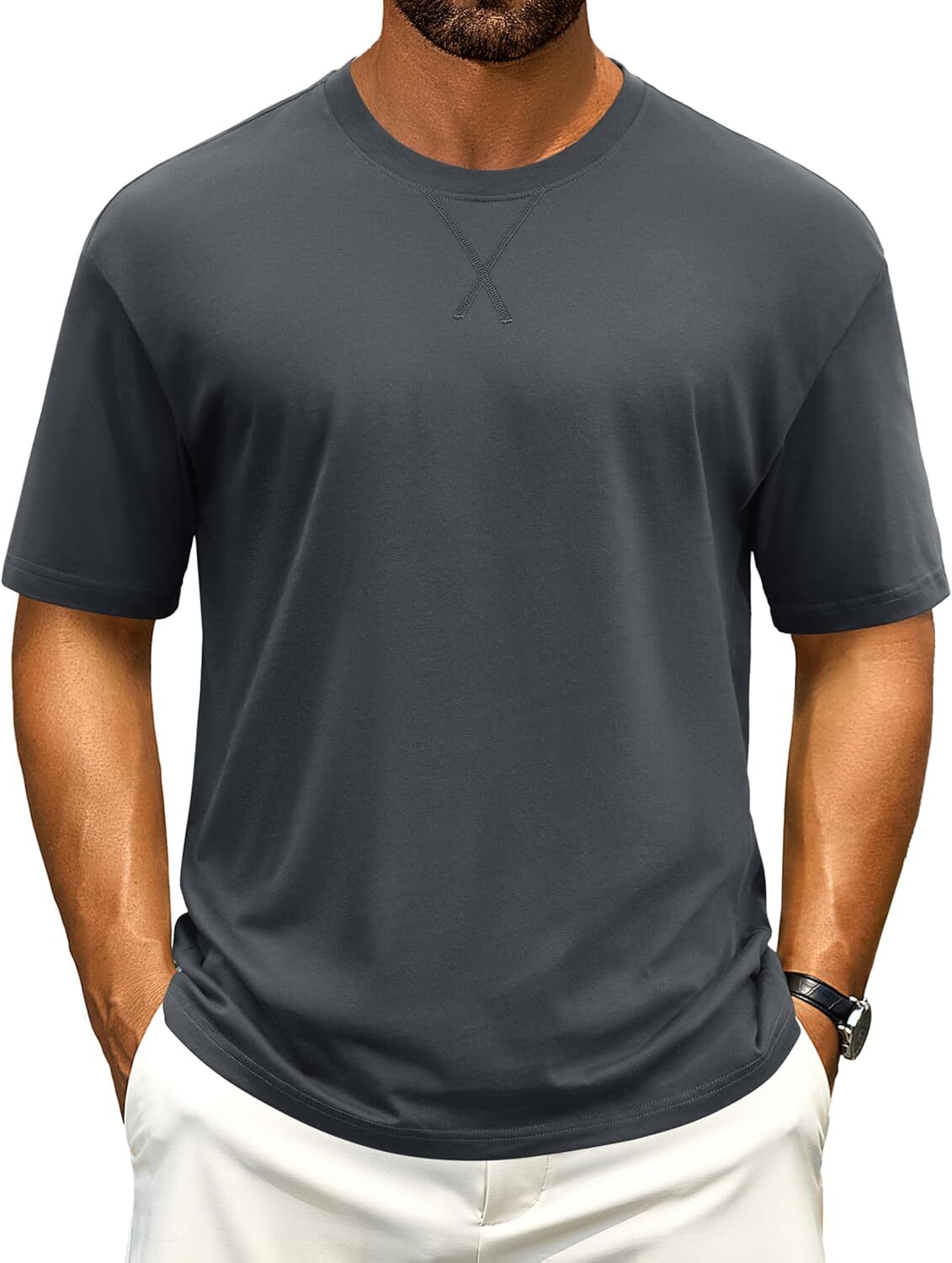 Men's Cotton Drop Shoulder T Shirt Loose Fit Soft Casual Short Sleeve Summer Tee gallery