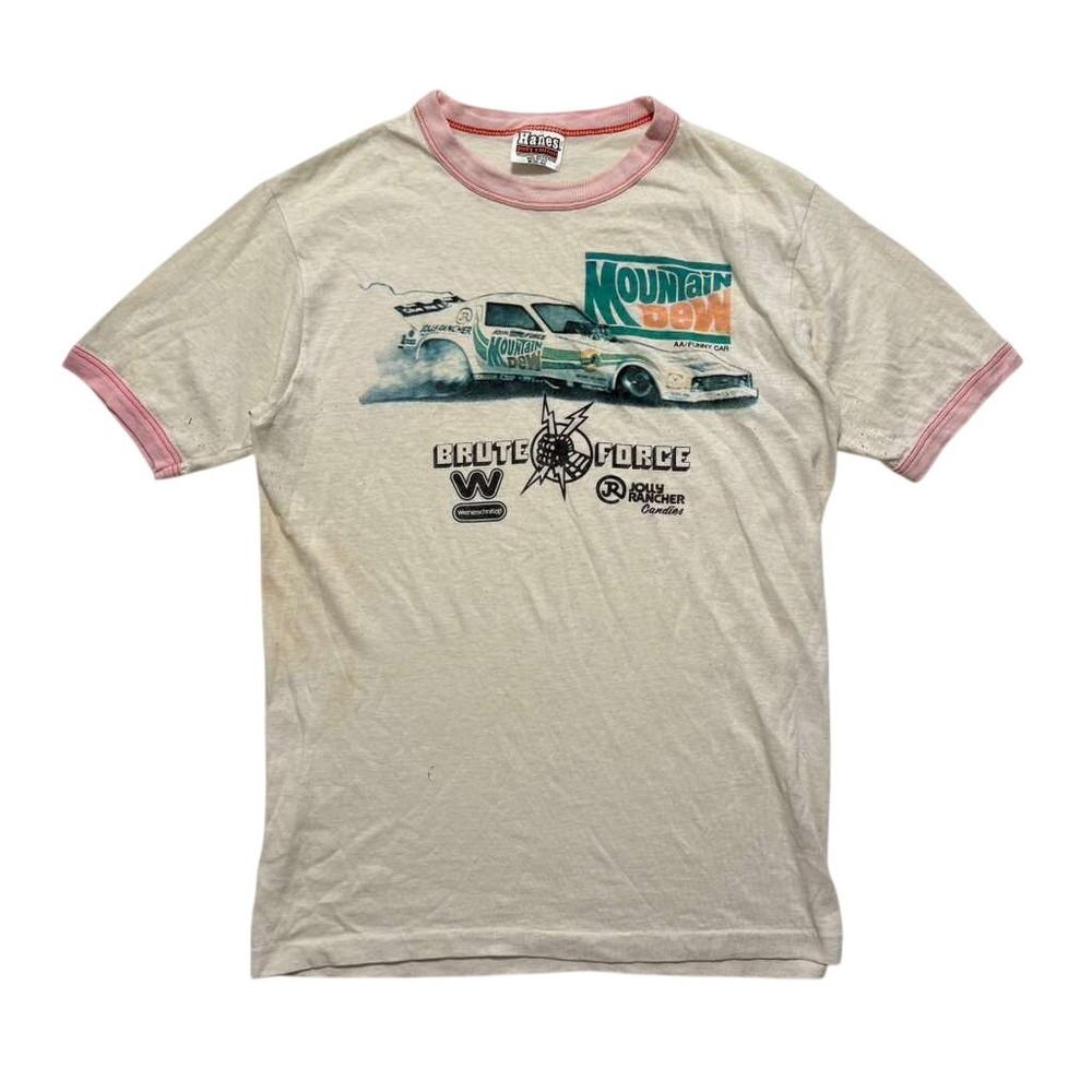 VTG 70’s Mountain Dew Brute Force Graphic Ringer T-Shirt Men’s M Cream