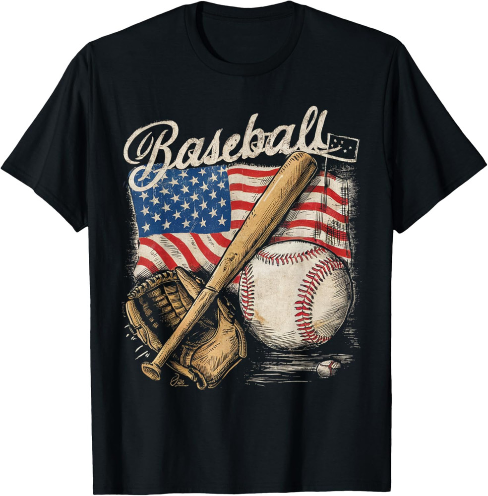 American Flag Baseball Player Bat Fan Catcher Pitcher USA T Shirt