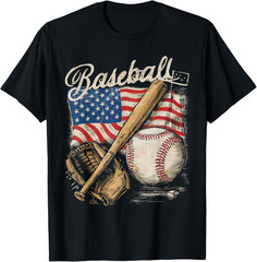 American Flag Baseball Player Bat Fan Catcher Pitcher USA T Shirt