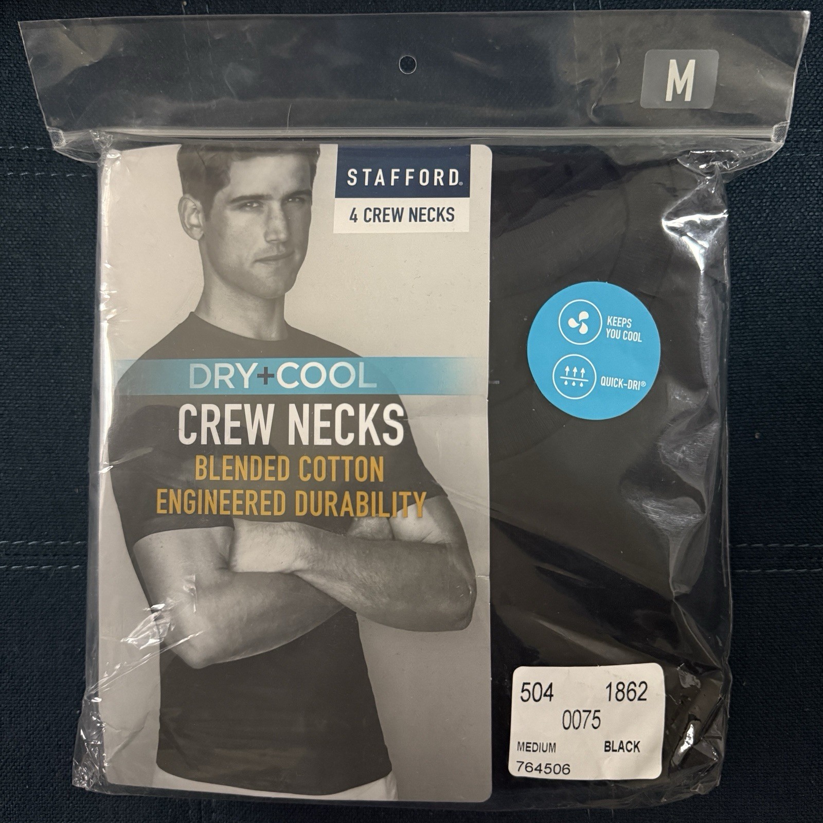 Stafford Dry+Cool Crew Neck TShirt T-Shirt Undershirt – 4 Pack, Black, MEDIUM