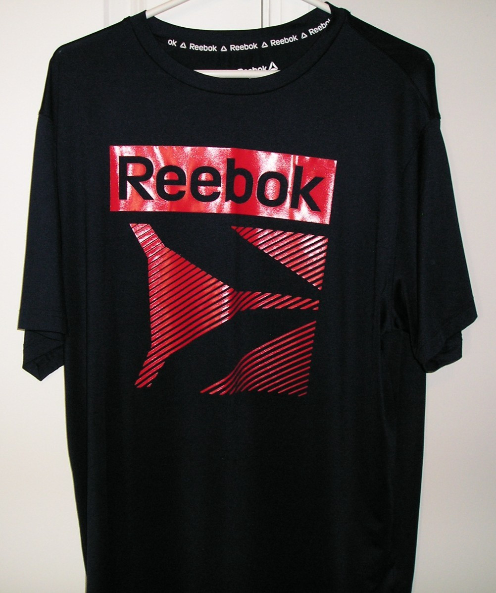 REEBOK MEN'S GRAPHIC NAVY BLUE (SS) POLYESTER/SPANDEX CREW NECK T. SHIRT~NICE! gallery