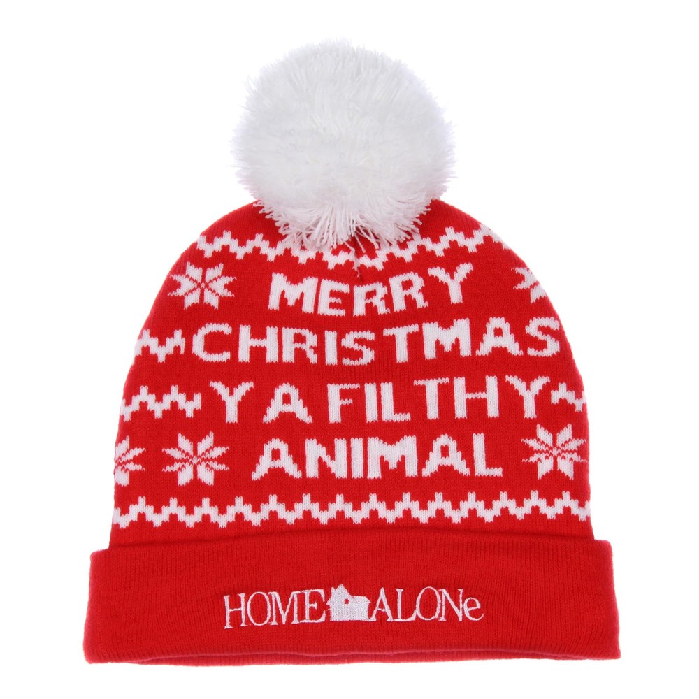 Home Alone Merry Christmas Fold Cuff Pom Adult Knit Beanie Red Winter Hat Cap