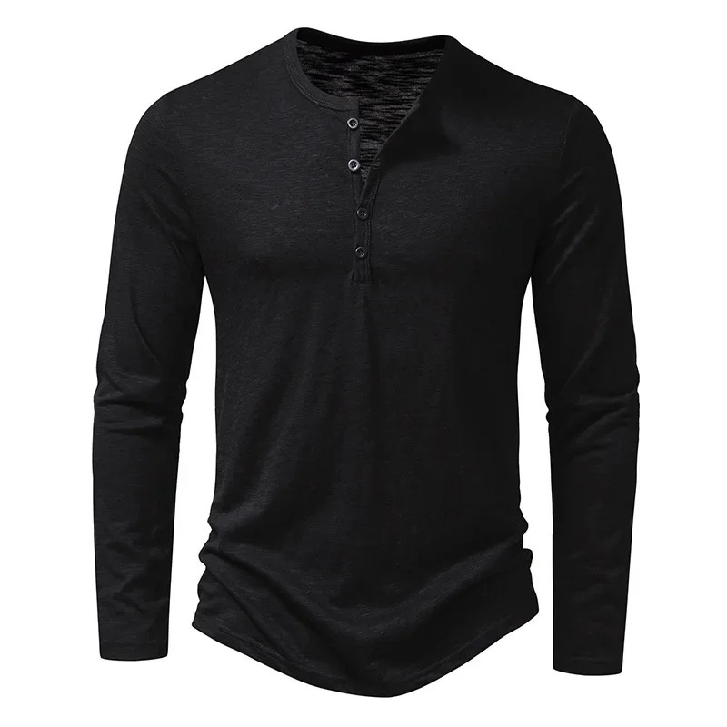 Autumn New Men's Cotton Button Long Sleeve Henley Neck T-Shirt Casual Solid gallery