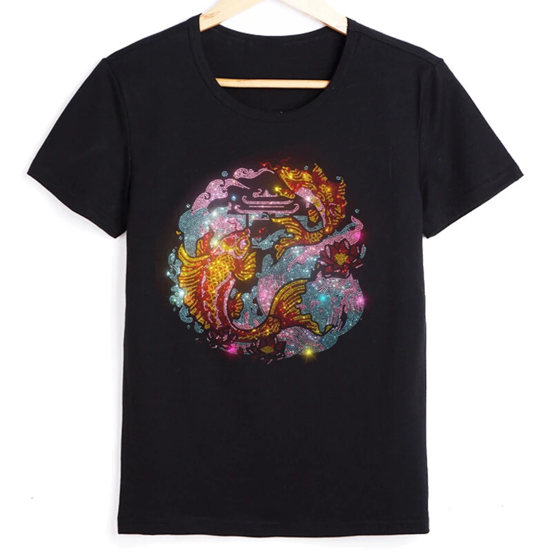 New Fashion Diamond Fish Rhinestones Short Sleeve Luxury Men Black T-Shirt gallery