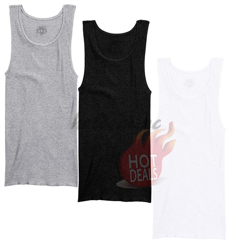 6 Pack Men’s Black/Gray/White 100% Cotton Tank Top A-Shirt Ribbed Undershirt