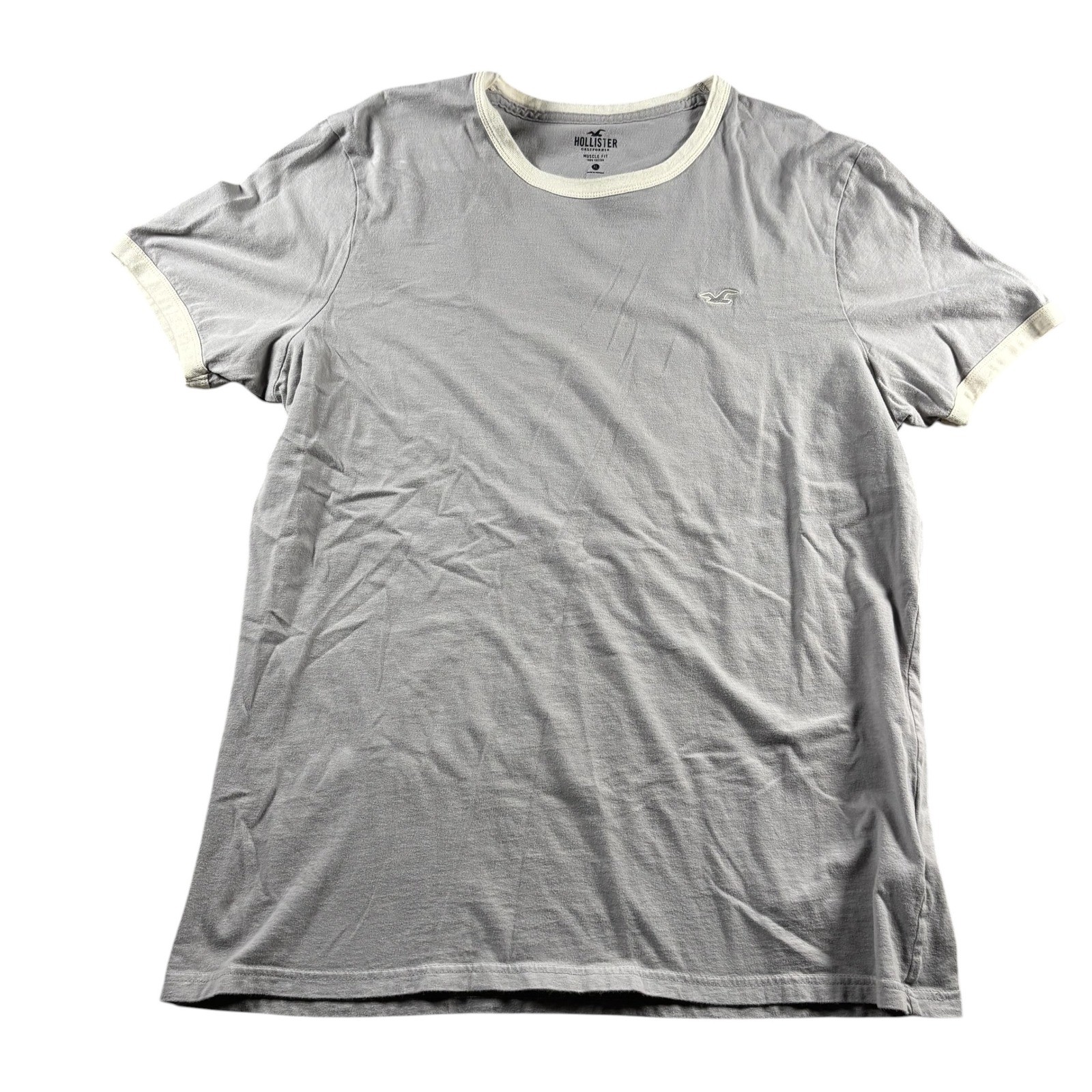 Hollister Mens Muscle Fit Ringer T-Shirt Gray Cream Trim Cotton XL Short Sleeve gallery