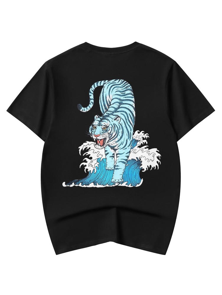 Niepce Men’s Blue Tiger Ocean Graphic Tee Japanese Streetwear T-Shirt